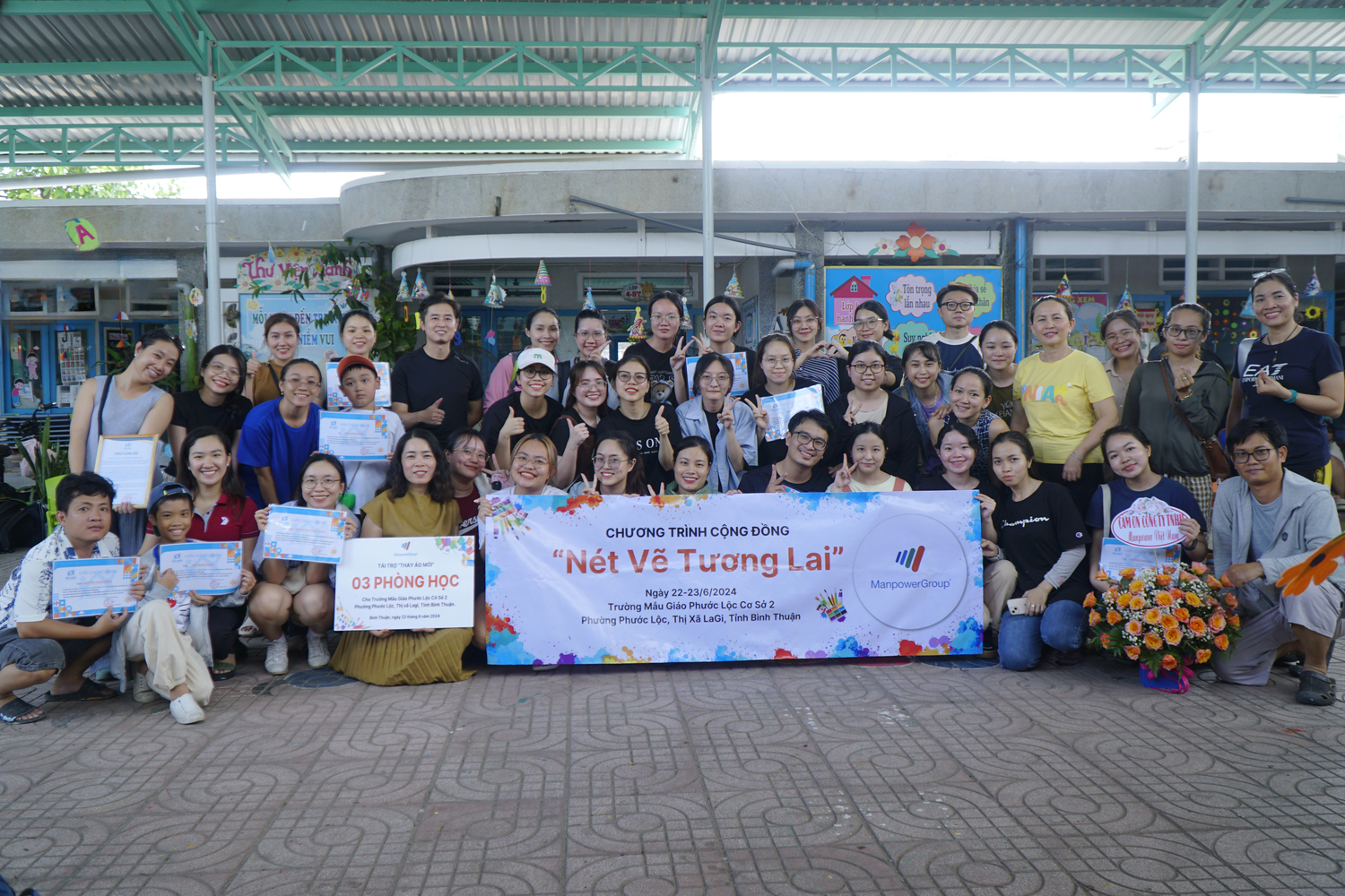 ManpowerGroup Vietnam takes a photo with Sac Mau’s volunteers and children of Phuoc Loc Kindergarten in a CSR project, next to the new bright and colorful school