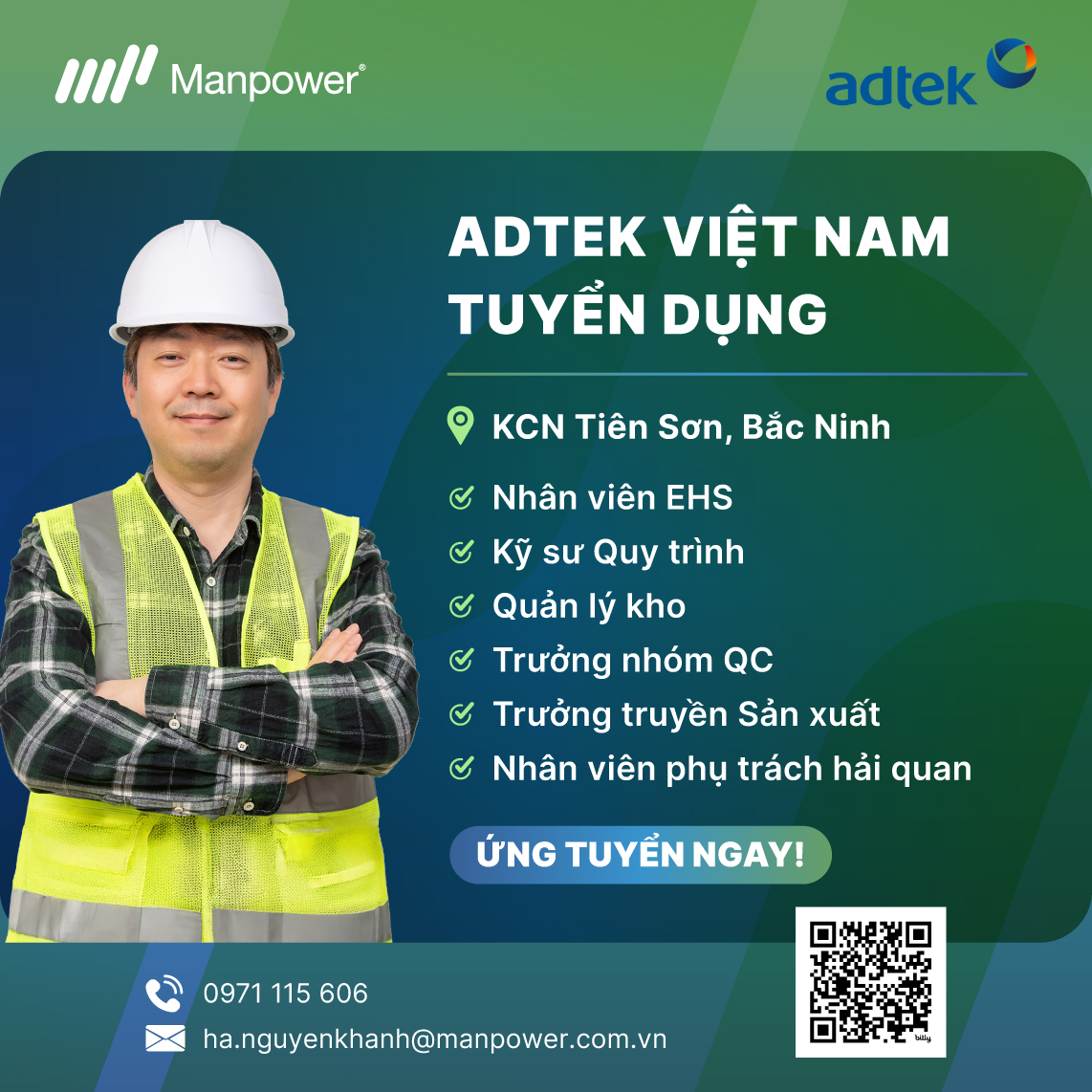 Recruitment post for ADTEK Technology Vietnam for several positions, EHS Specialist, process engineer, warehouse supervisor