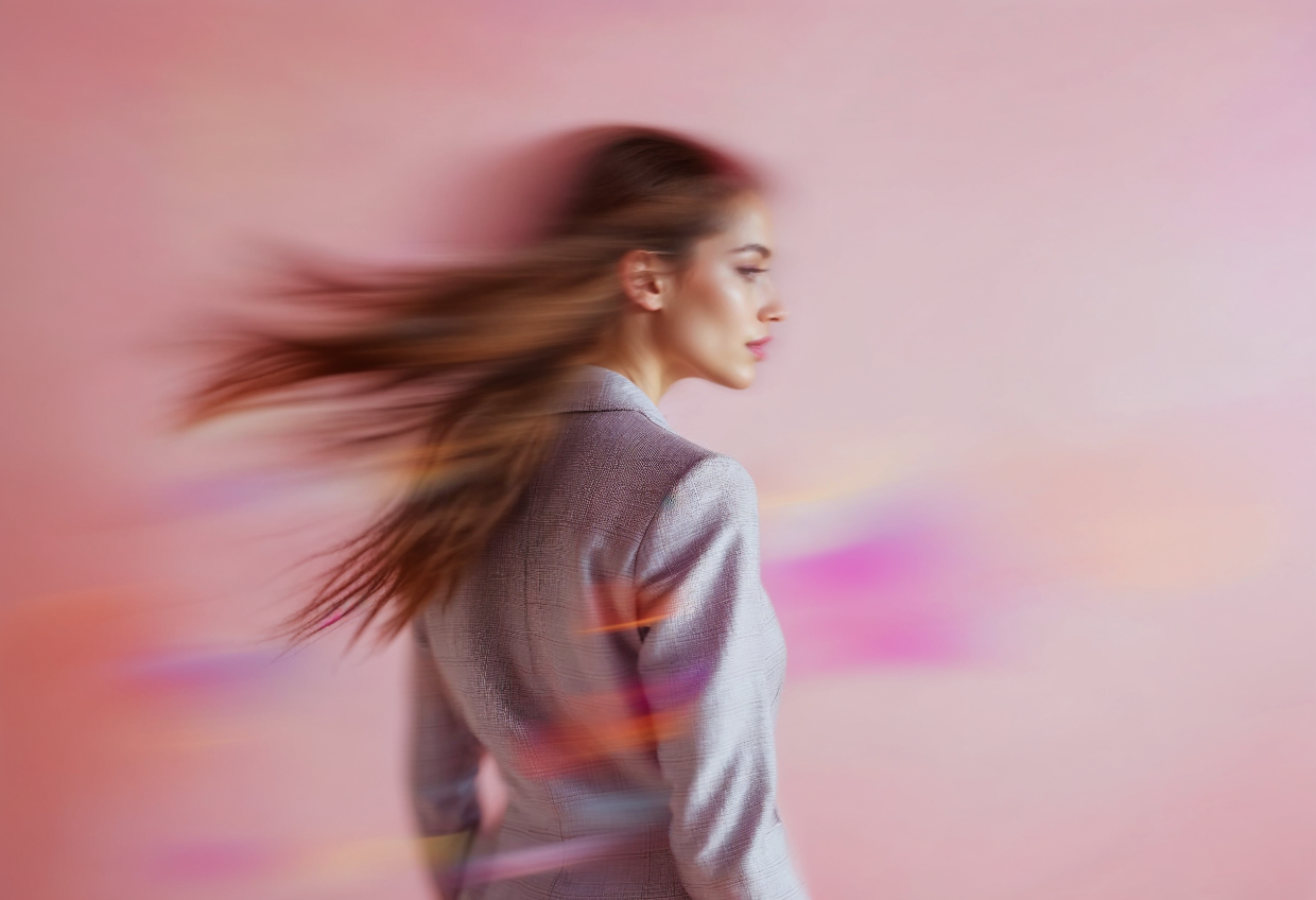 headhunter women facing left, pink background