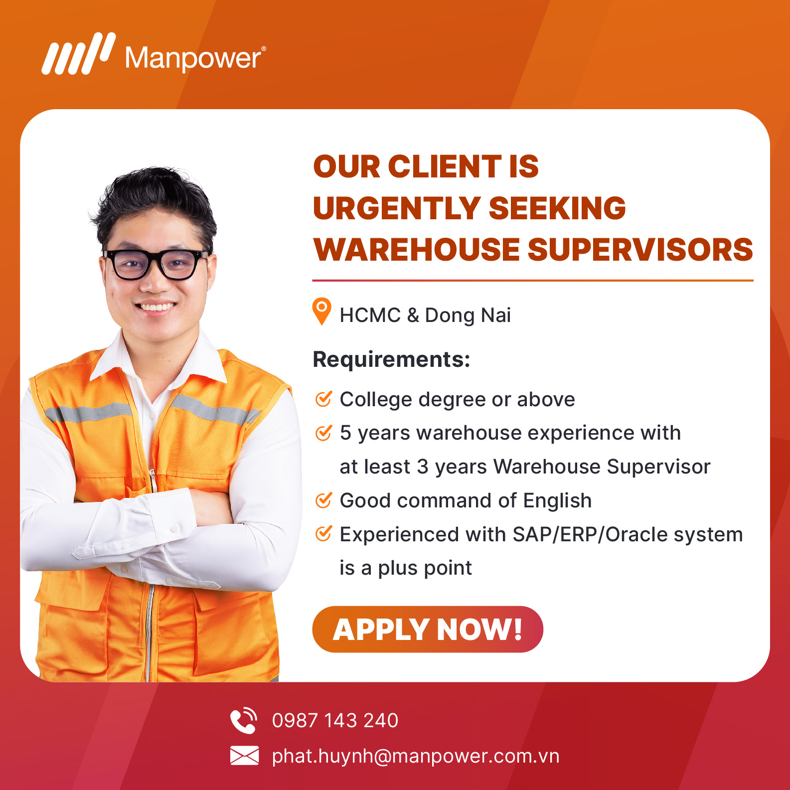 Hot job Warehouse Supervisor positions in Electronics Ho Chi Minh City and Dong Nai