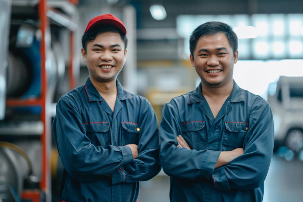 Two labor outsourcing manufacture workers are smiling